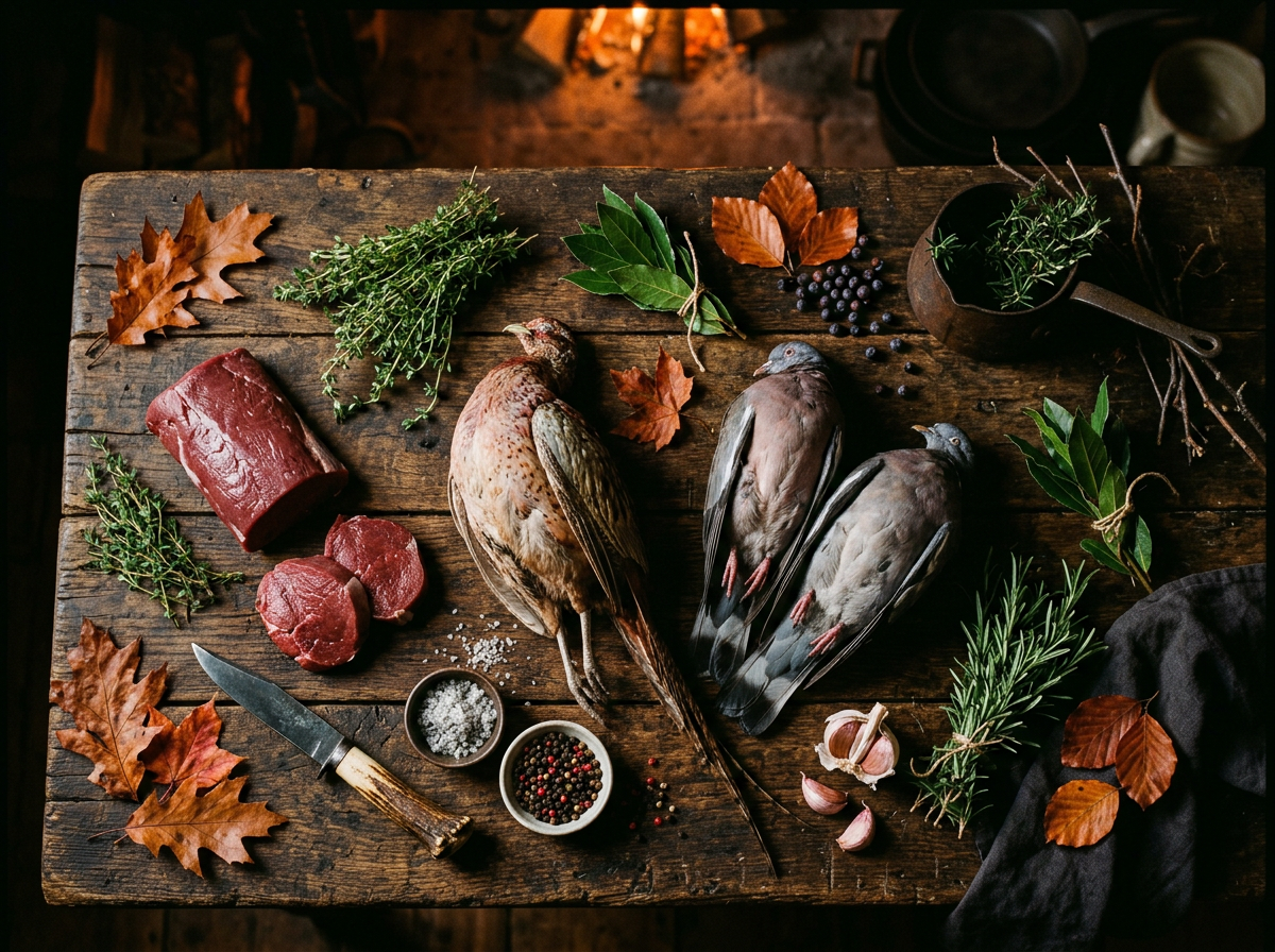 Wild game ingredients - venison, pheasant, herbs on a rustic chopping board